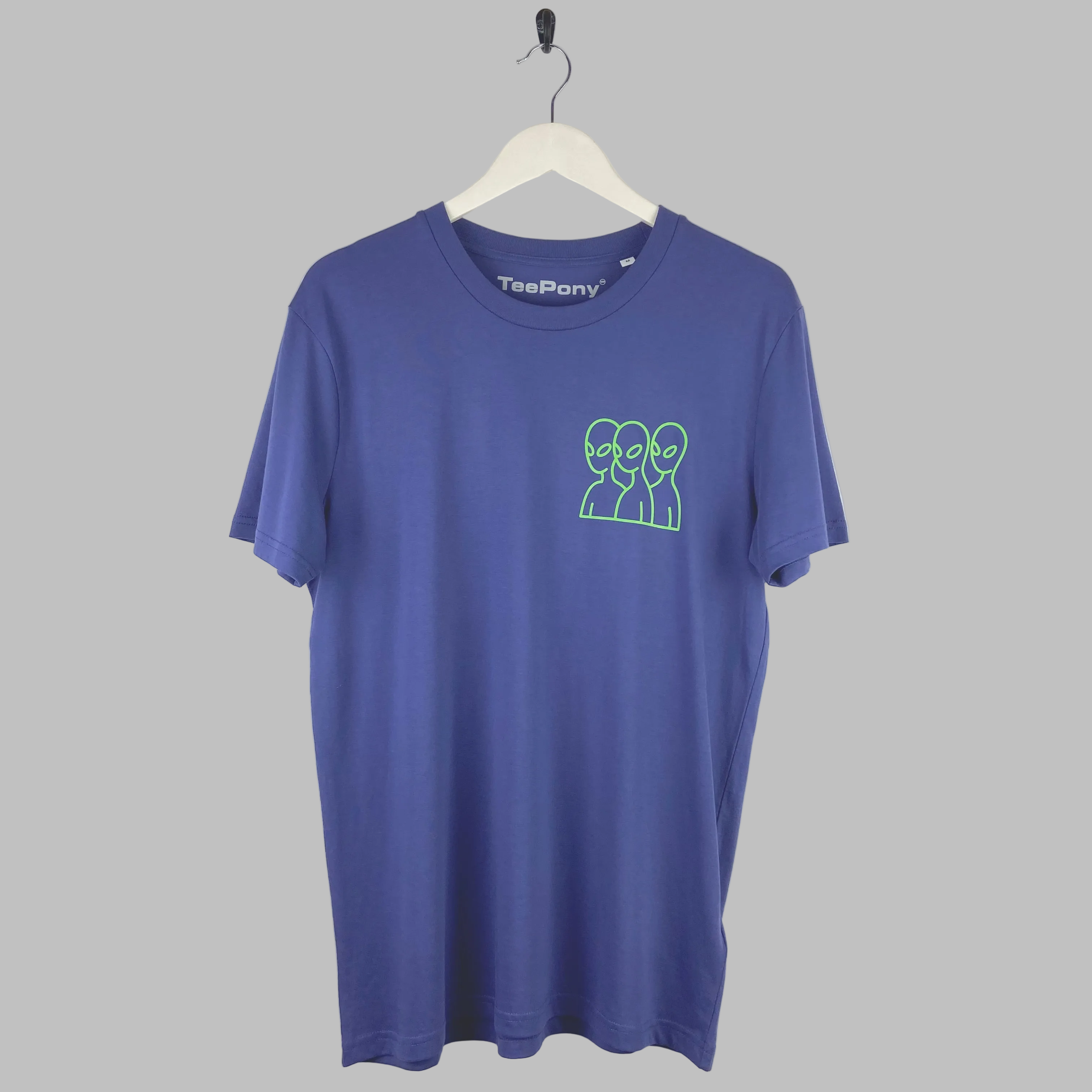 Green aliens design on a blue t-shirt. Limited edition and hand printed in Brighton.