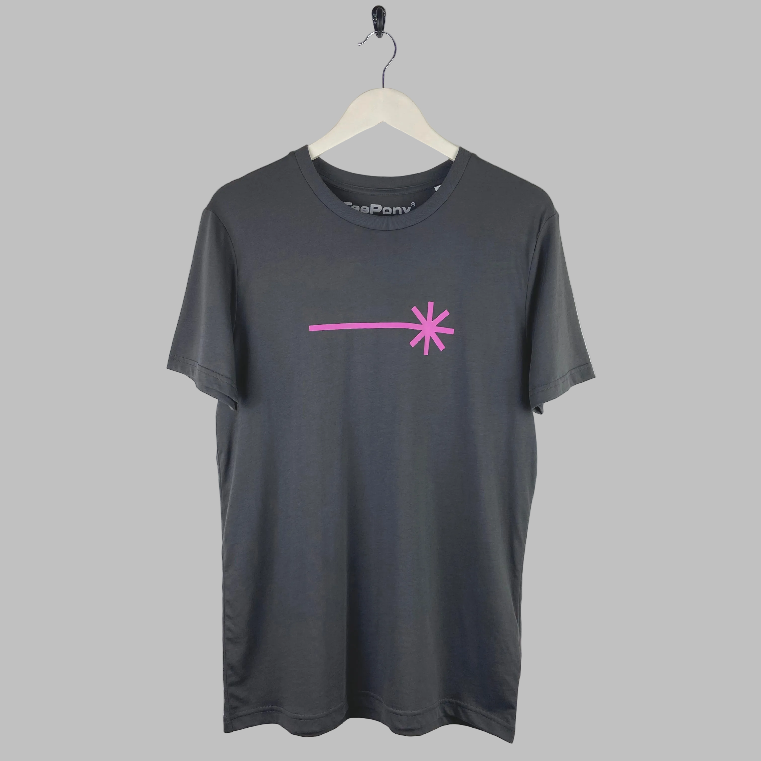 Pink laser design on a grey t-shirt. Limited edition and hand printed in Brighton.