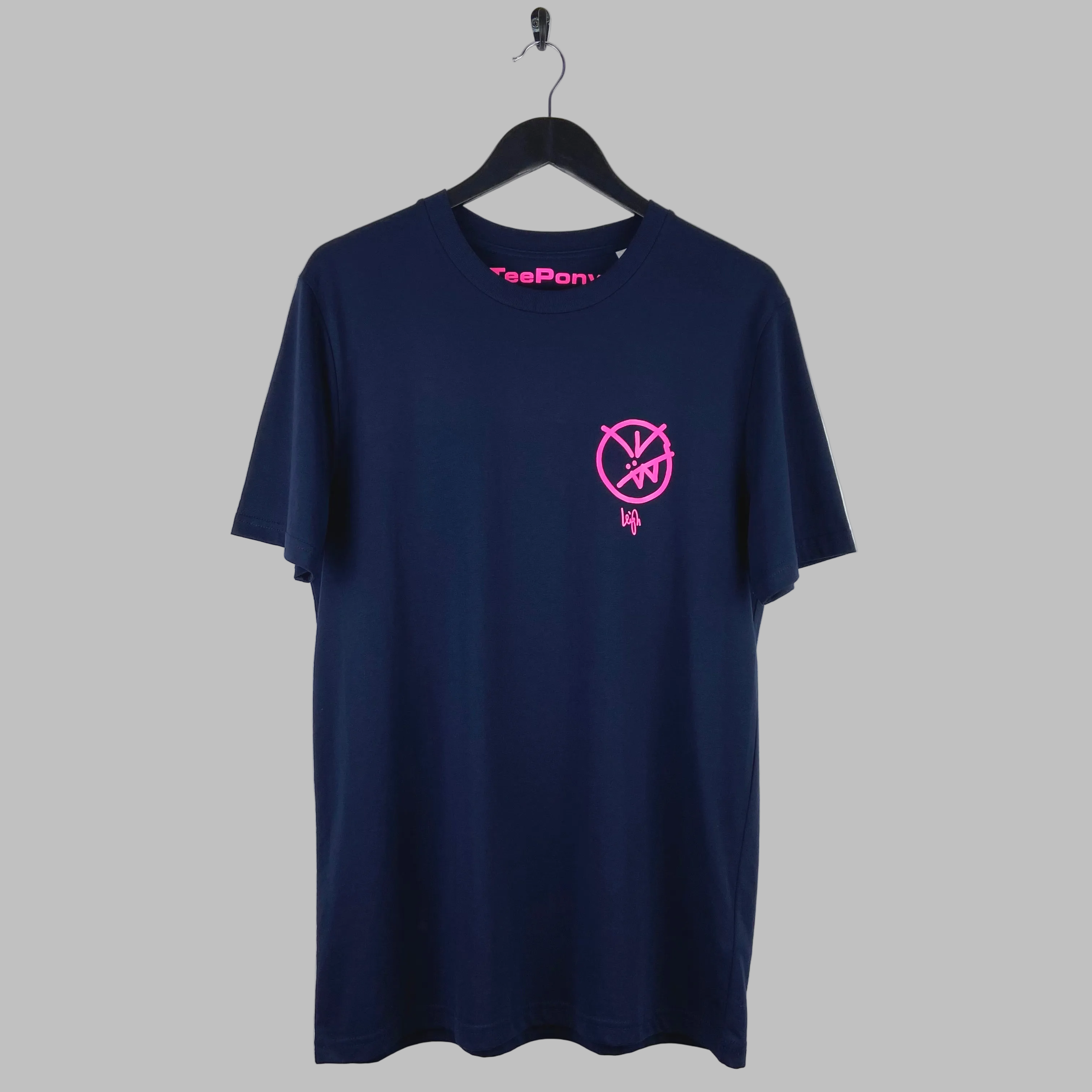 Pink leigh pearce design on a blue t-shirt. Limited edition and hand printed in Brighton.