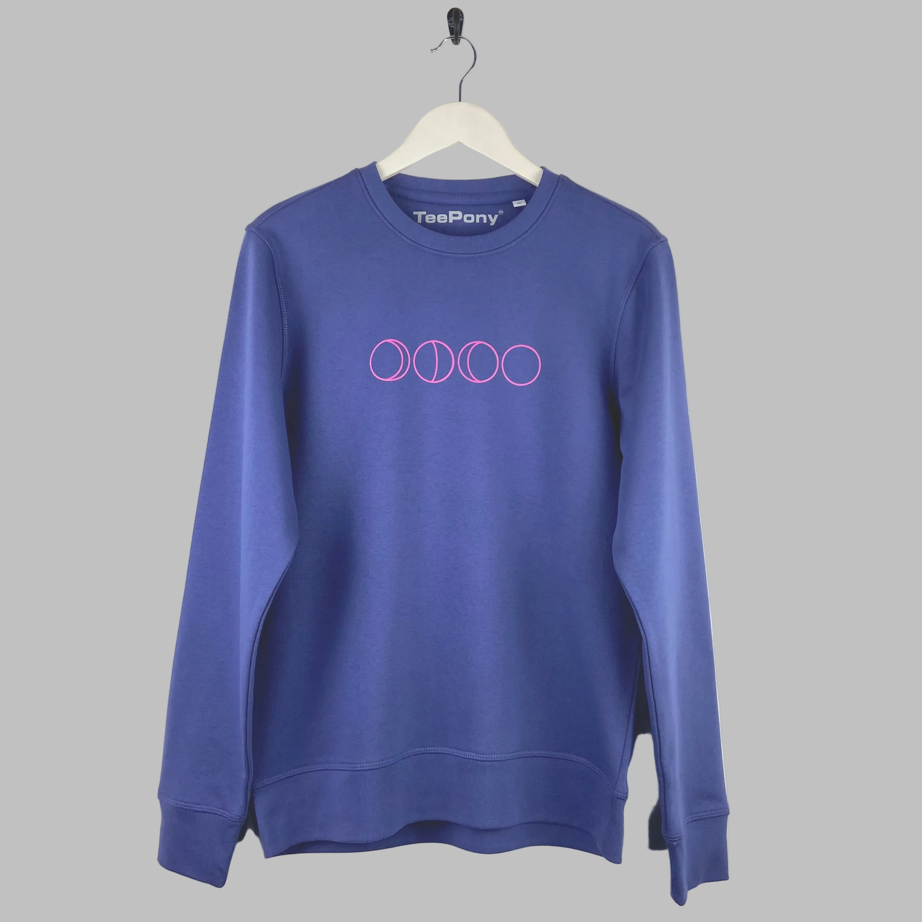 Pink moons design on a blue sweatshirt. Hand printed and limited edition.