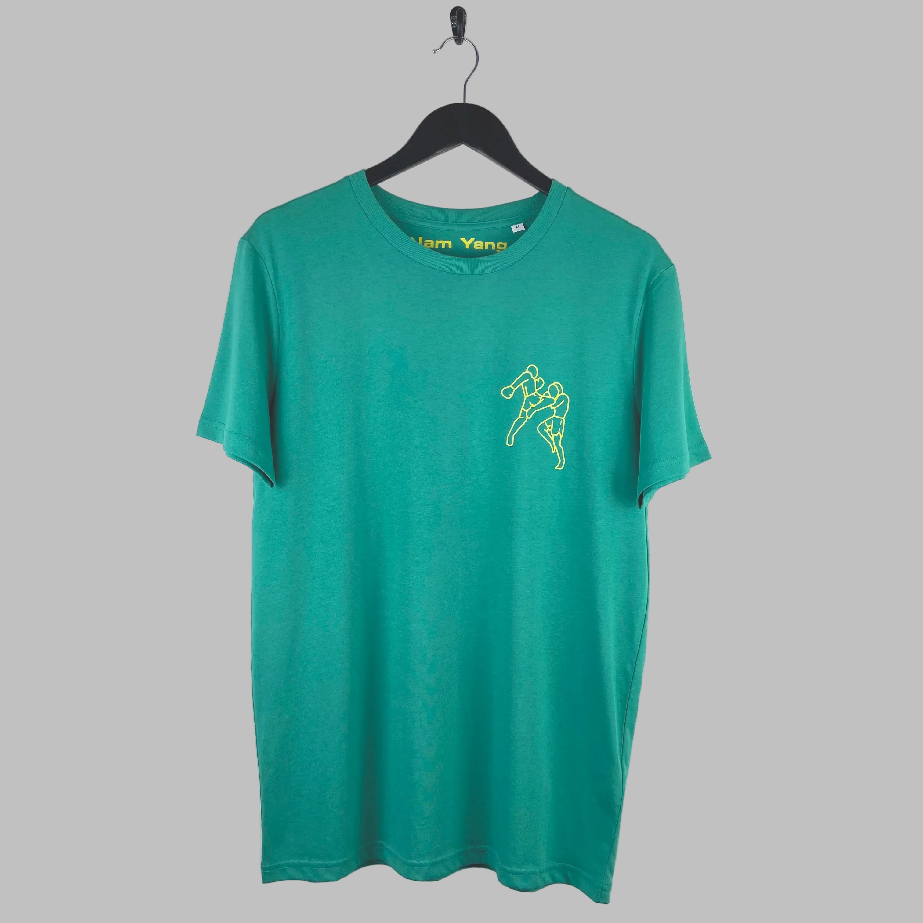 Yellow nam yang design on a green t-shirt. Limited edition and hand printed in Brighton.