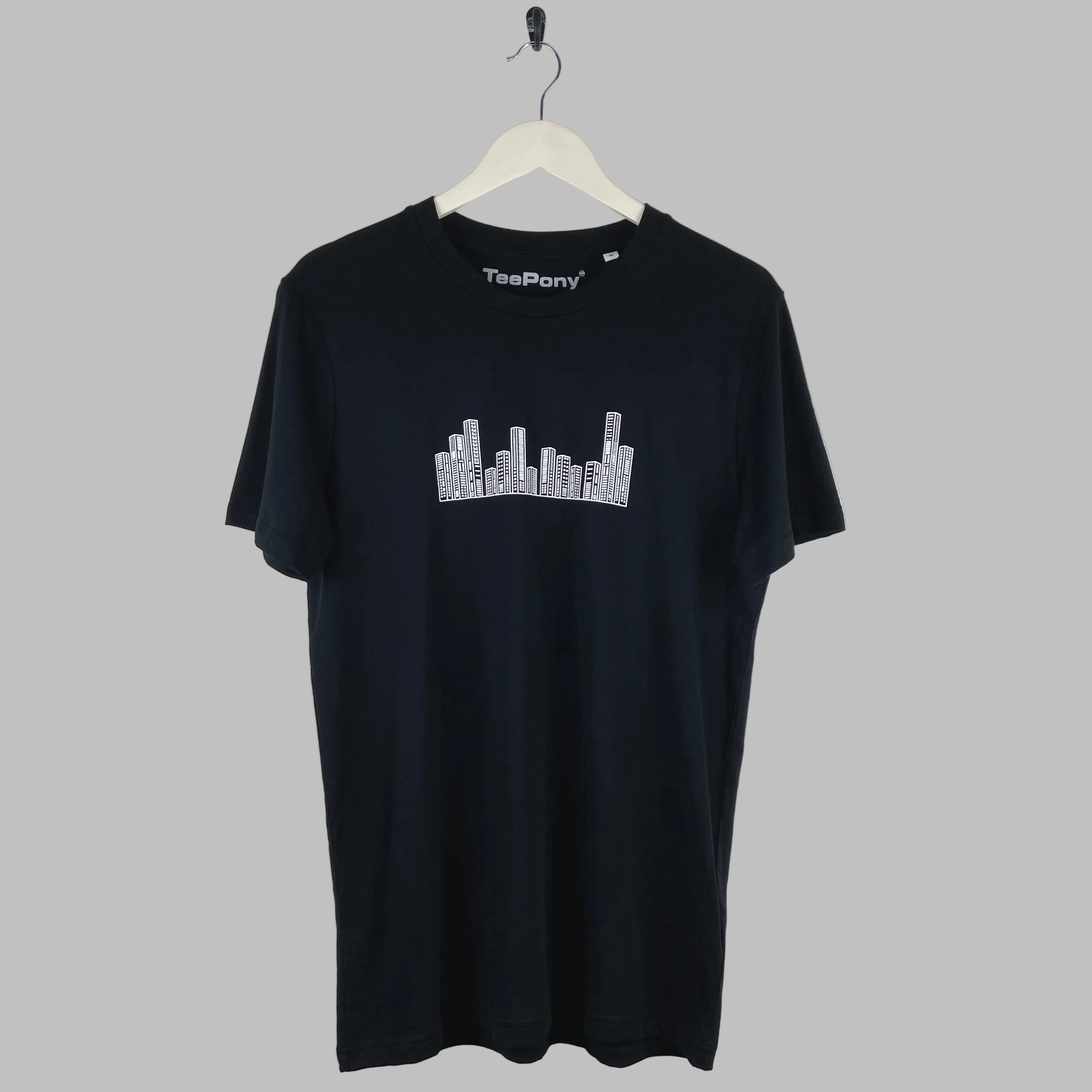 White skyline design on a black t-shirt. Limited edition and hand printed in Brighton.