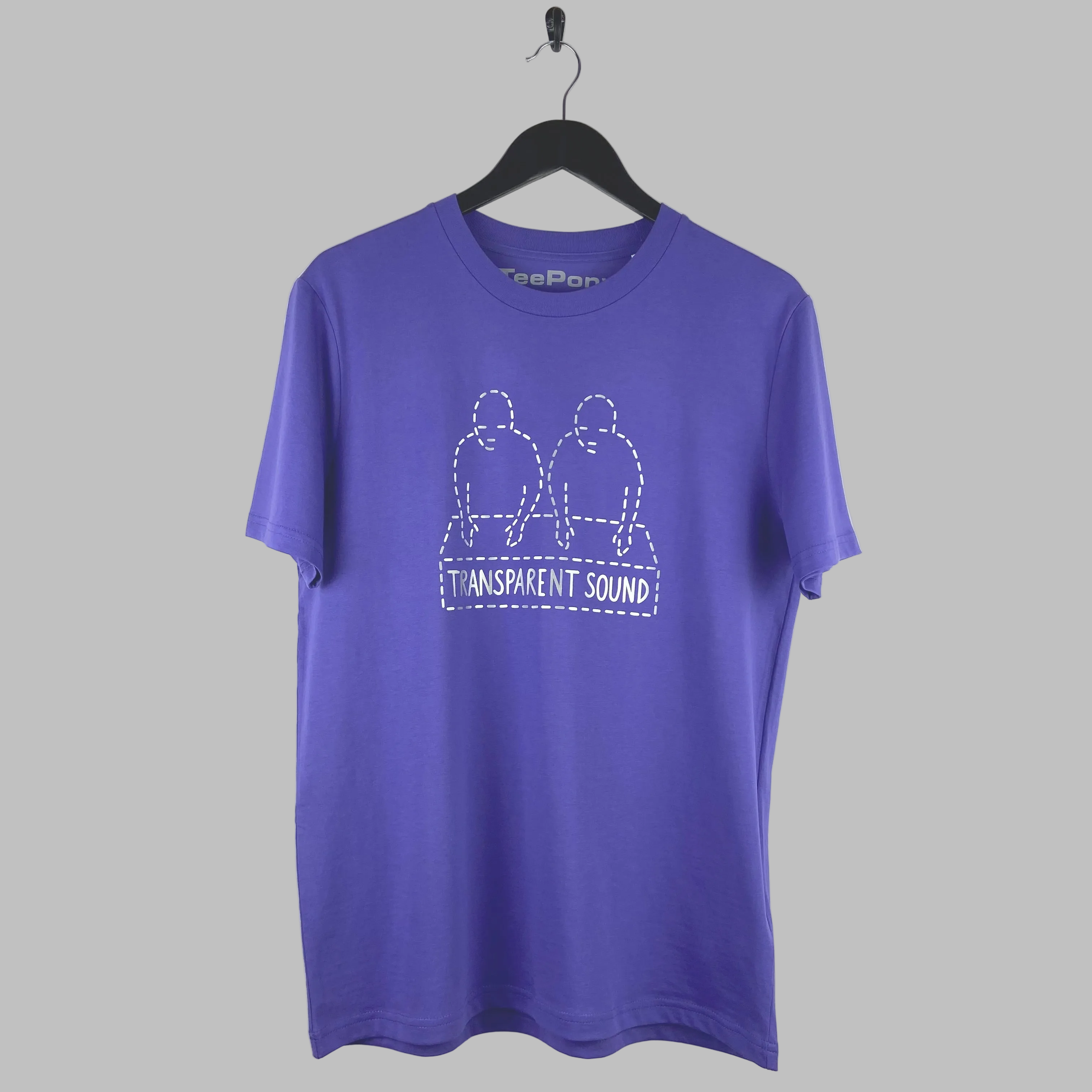 Silver transparent sound design on a purple t-shirt. Hand printed and limited edition.